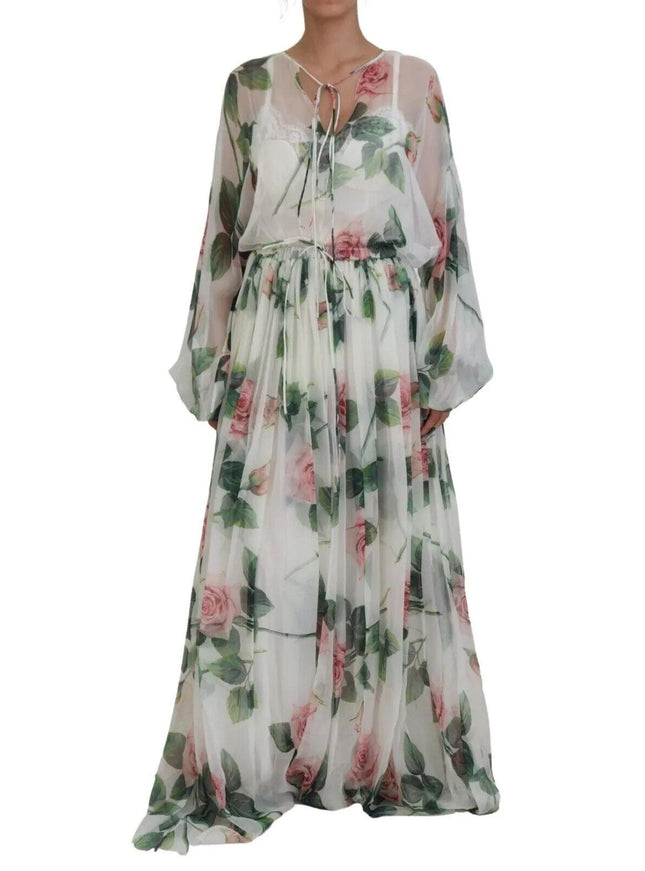 Dolce & Gabbana White Floral Roses Silk Maxi Gown Dress - Ellie Belle