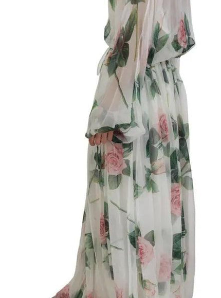 Dolce & Gabbana White Floral Roses Silk Maxi Gown Dress - Ellie Belle