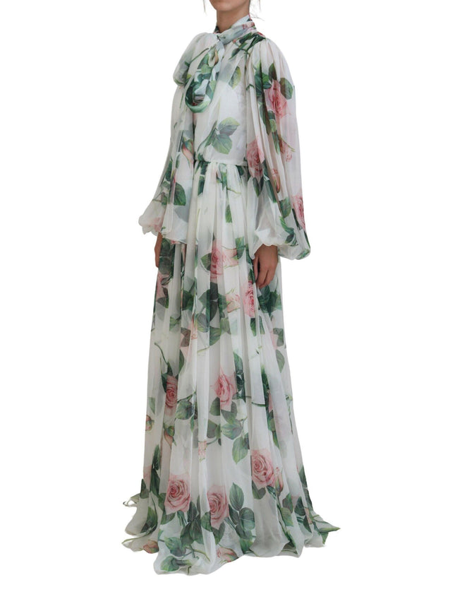 Dolce & Gabbana White Floral Roses Silk Maxi Long Gown Dress - Ellie Belle