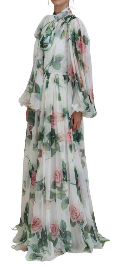 Dolce & Gabbana White Floral Roses Silk Maxi Long Gown Dress - Ellie Belle