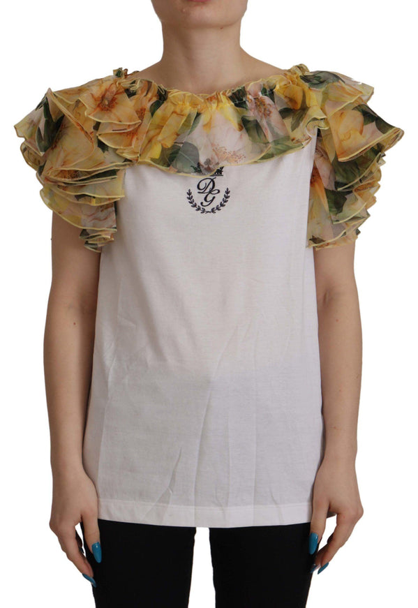 Dolce & Gabbana White Floral Ruffled Vest DG Crown Embroidered Top - Ellie Belle