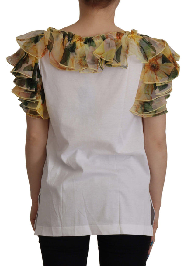 Dolce & Gabbana White Floral Ruffled Vest DG Crown Embroidered Top - Ellie Belle