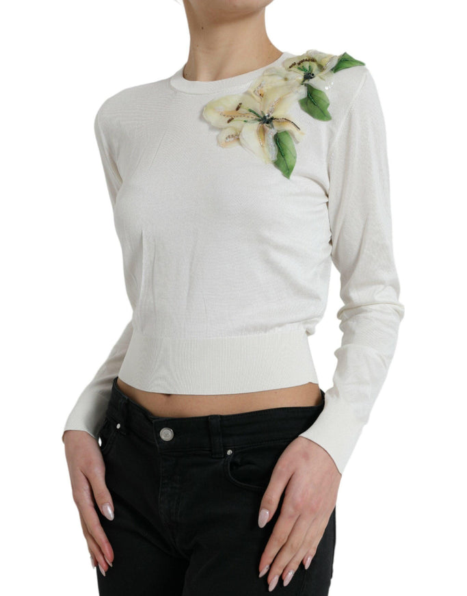 Dolce & Gabbana White Floral Silk Crew Neck Pullover Sweater - Ellie Belle