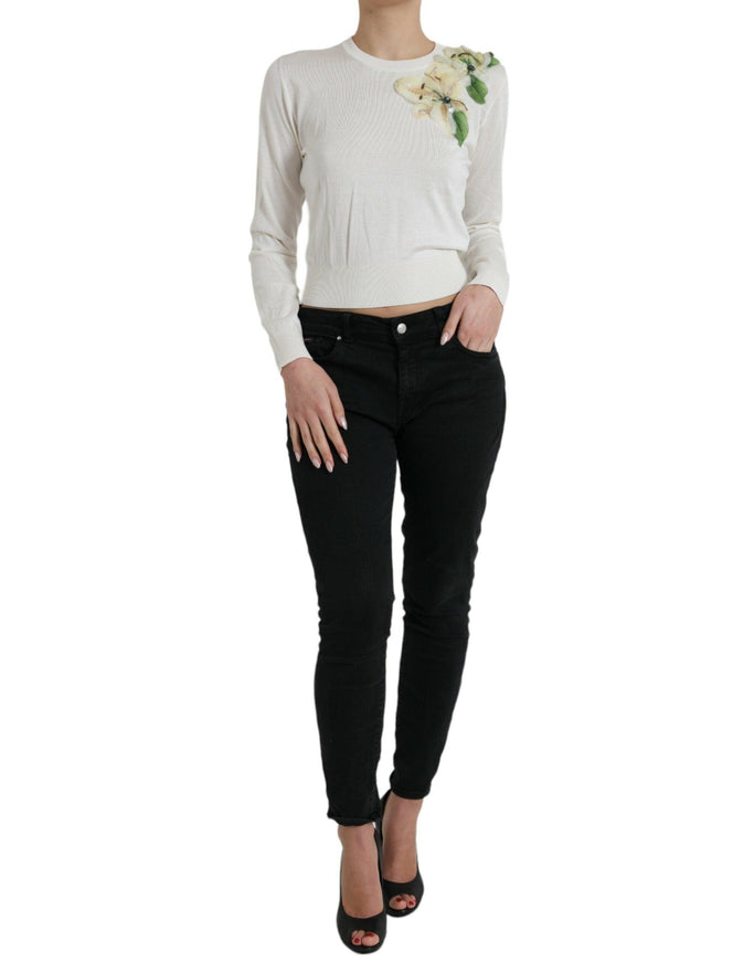 Dolce & Gabbana White Floral Silk Crew Neck Pullover Sweater - Ellie Belle