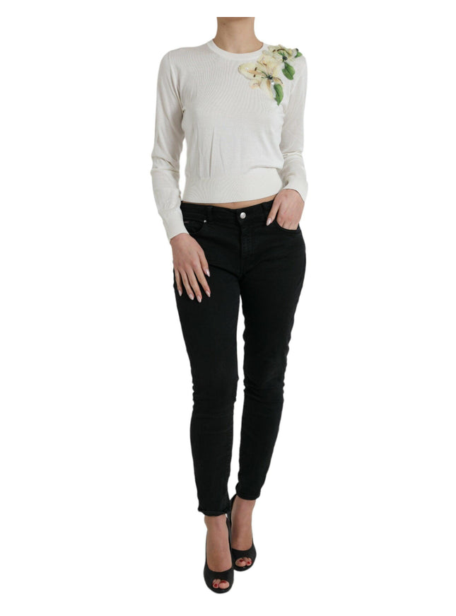 Dolce & Gabbana White Floral Silk Crew Neck Pullover Sweater - Ellie Belle