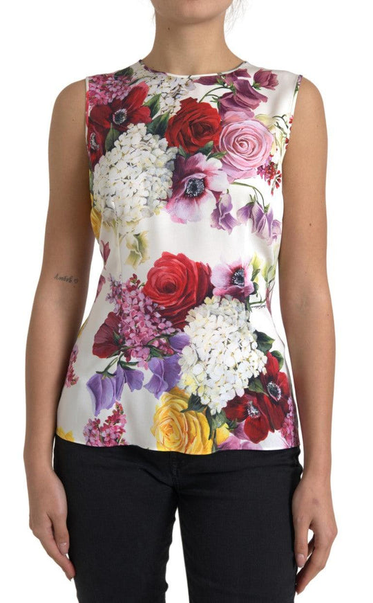 Dolce & Gabbana White Floral Silk Sleeveless Tank Blouse Top - Ellie Belle