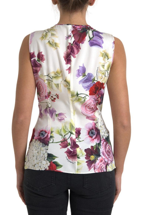 Dolce & Gabbana White Floral Silk Sleeveless Tank Blouse Top - Ellie Belle