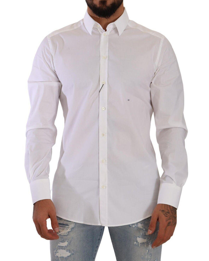 Dolce & Gabbana White GOLD Cotton Blend Dress Men Formal Shirt - Ellie Belle