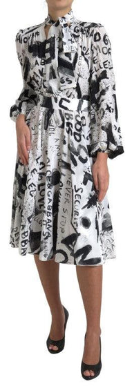 Dolce & Gabbana White Graffiti Long Sleeves A-line Dress - Ellie Belle