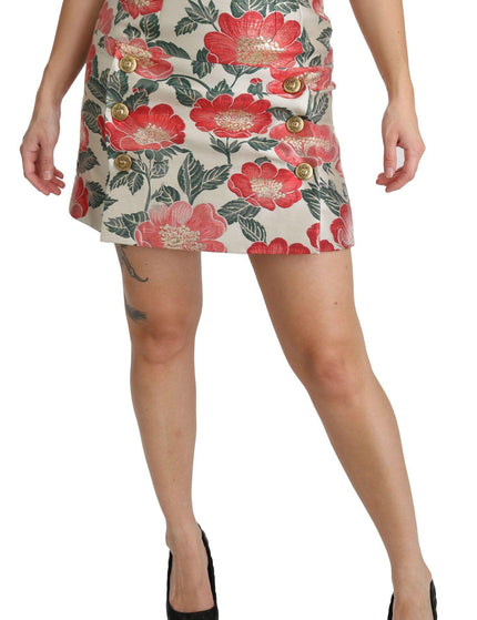 Dolce & Gabbana White Green Red Floral High Waist Mini Skirt - Ellie Belle