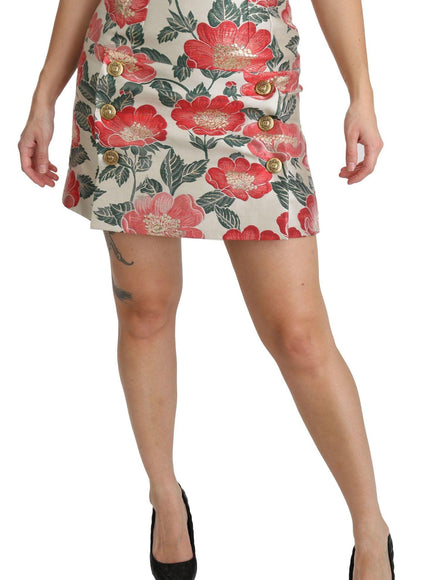 Dolce & Gabbana White Green Red Floral High Waist Mini Skirt