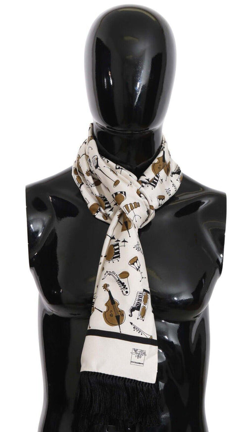 Dolce & Gabbana White Instrument Silk Shawl Fringes Scarf - Ellie Belle