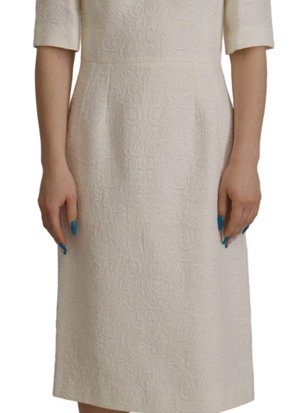 Dolce & Gabbana White Jaquard Midi Floral Sheath Brocade Dress