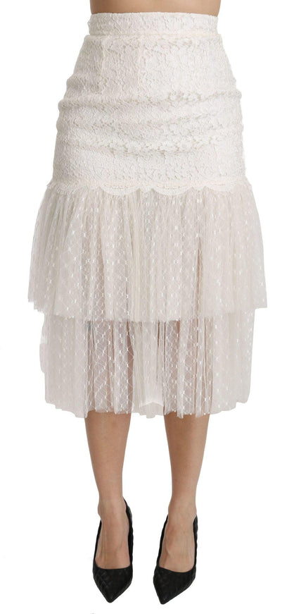 Dolce & Gabbana White Lace Layered High Waist Midi Cotton Skirt