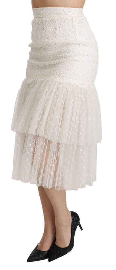 Dolce & Gabbana White Lace Layered High Waist Midi Cotton Skirt