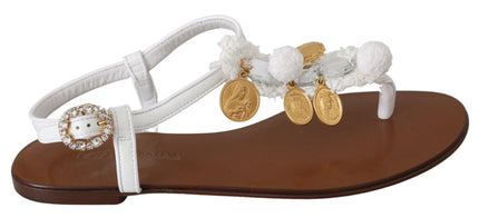 Dolce & Gabbana White Leather Coins Flip Flops Sandals Shoes - Ellie Belle