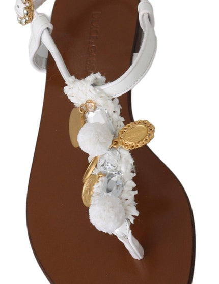 Dolce & Gabbana White Leather Coins Flip Flops Sandals Shoes - Ellie Belle