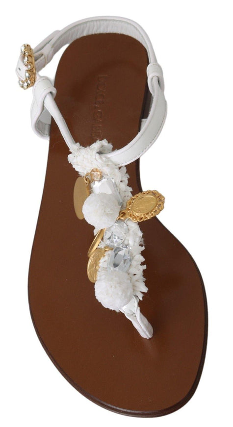 Dolce & Gabbana White Leather Coins Flip Flops Sandals Shoes - Ellie Belle