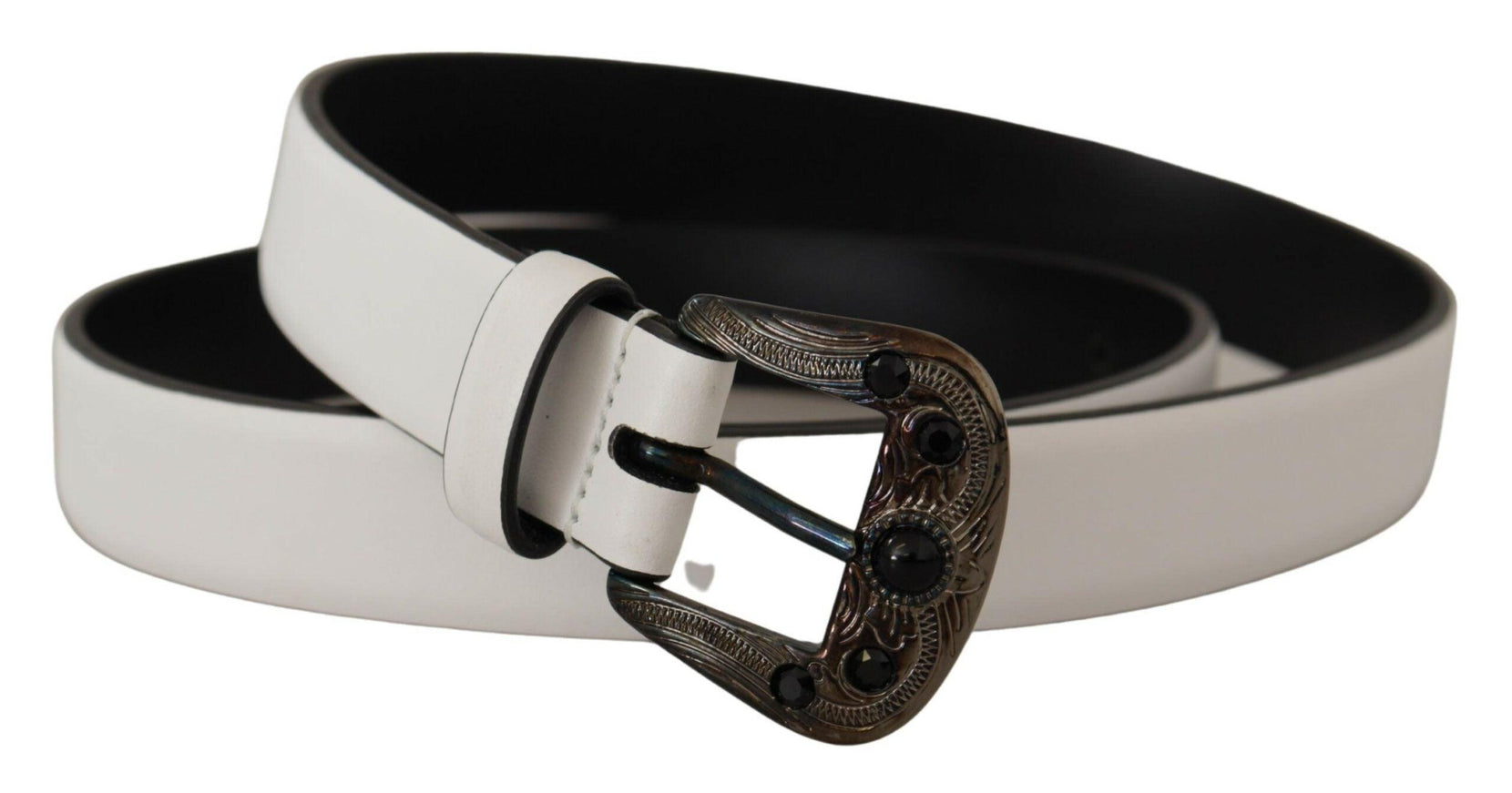 Dolce & Gabbana White Leather Crystal Metal Buckle Belt - Ellie Belle