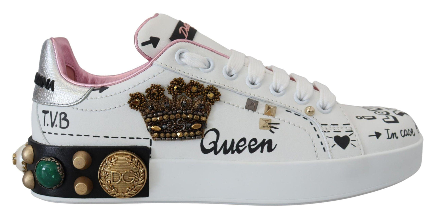 Dolce & Gabbana White Leather Crystal Queen Crown Sneakers Shoes - Ellie Belle