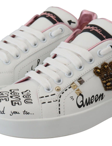 Dolce & Gabbana White Leather Crystal Queen Crown Sneakers Shoes - Ellie Belle