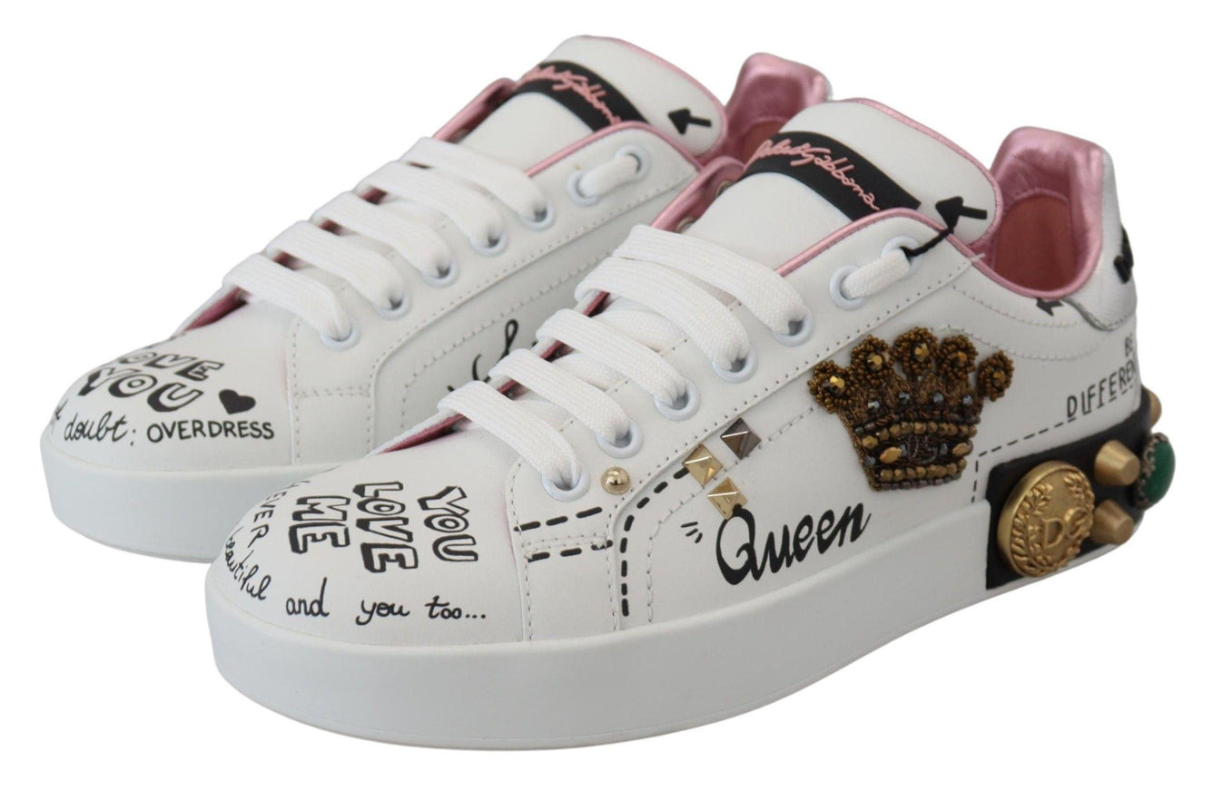 Dolce & Gabbana White Leather Crystal Queen Crown Sneakers Shoes - Ellie Belle