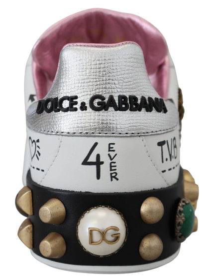 Dolce & Gabbana White Leather Crystal Queen Crown Sneakers Shoes - Ellie Belle
