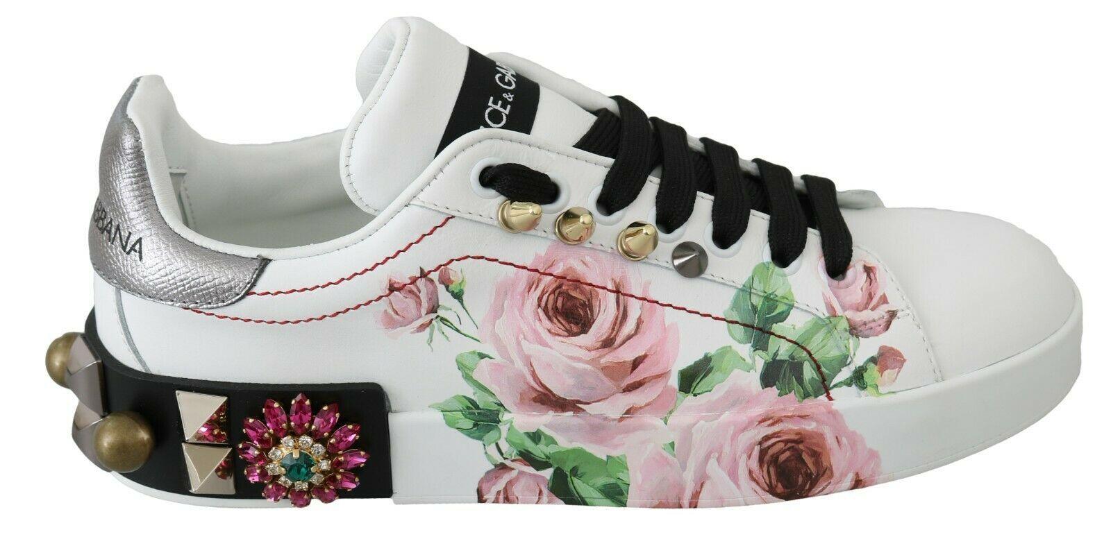 Dolce & Gabbana White Leather Crystal Roses Floral Sneakers Shoes - Ellie Belle