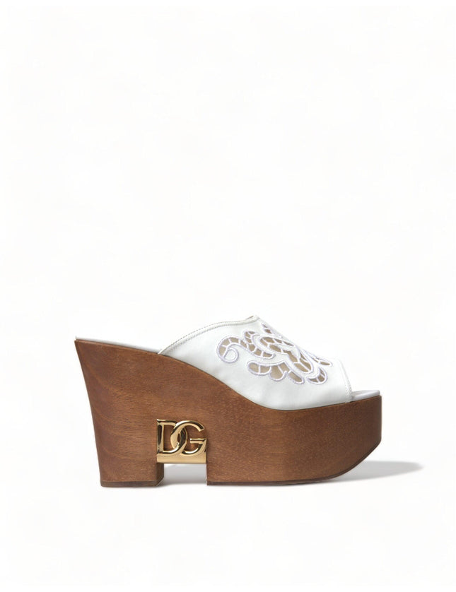 Dolce & Gabbana White Leather Embroidered Wedge Sandal Shoes - Ellie Belle