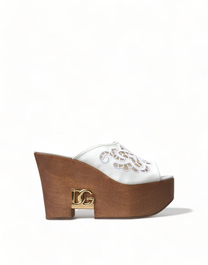 Dolce & Gabbana White Leather Embroidered Wedge Sandal Shoes - Ellie Belle