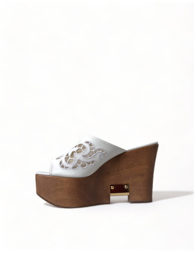 Dolce & Gabbana White Leather Embroidered Wedge Sandal Shoes - Ellie Belle