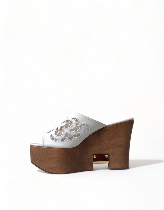 Dolce & Gabbana White Leather Embroidered Wedge Sandal Shoes - Ellie Belle