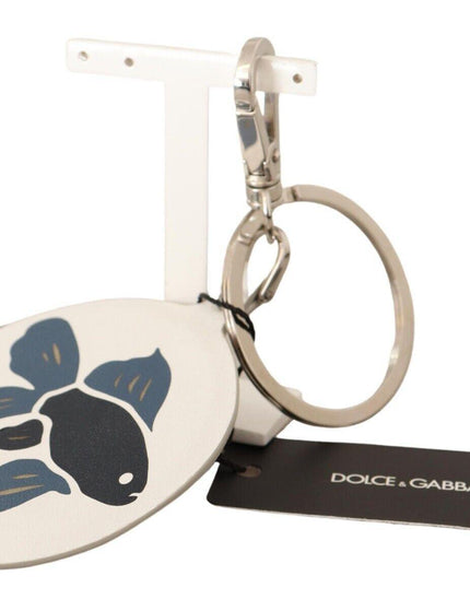 Dolce & Gabbana White Leather Fish Metal Silver Tone Keyring Keychain - Ellie Belle