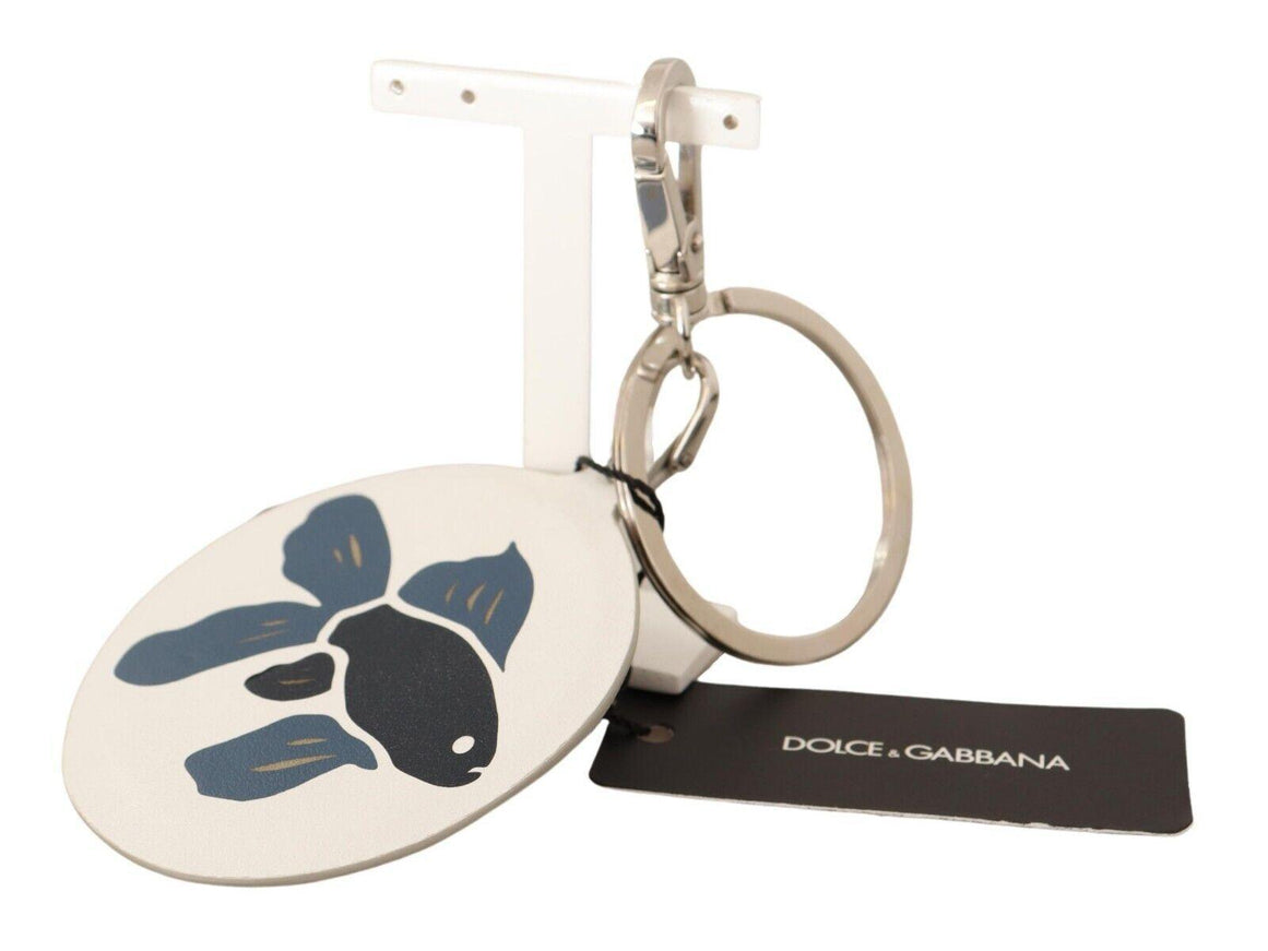 Dolce & Gabbana White Leather Fish Metal Silver Tone Keyring Keychain - Ellie Belle