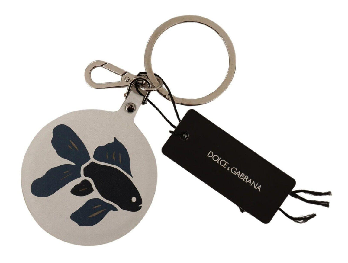 Dolce & Gabbana White Leather Fish Metal Silver Tone Keyring Keychain - Ellie Belle