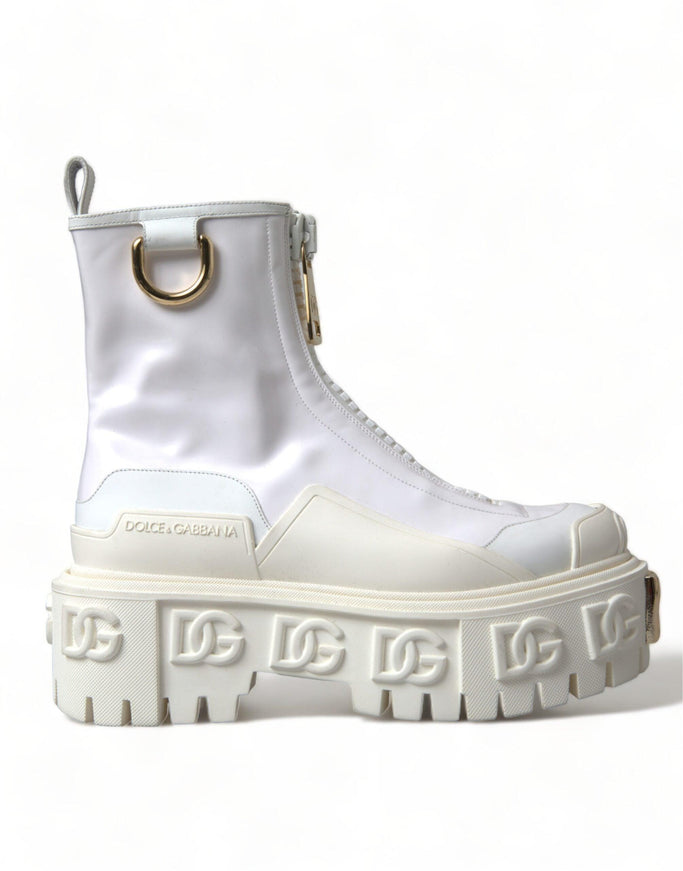 Dolce & Gabbana White Leather Logo Plaque Zip Ankle Boots Shoes - Ellie Belle