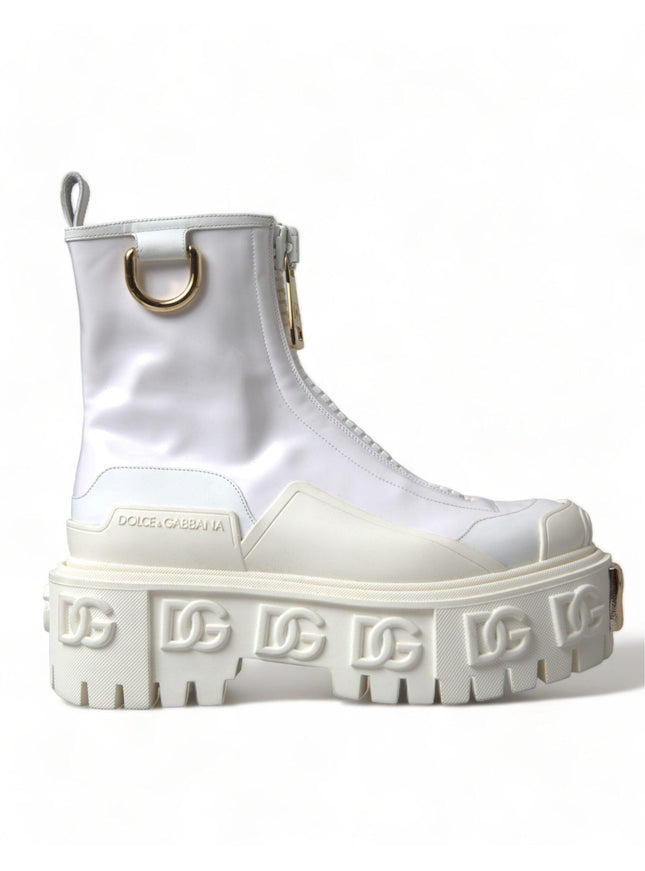 Dolce & Gabbana White Leather Logo Plaque Zip Ankle Boots Shoes - Ellie Belle