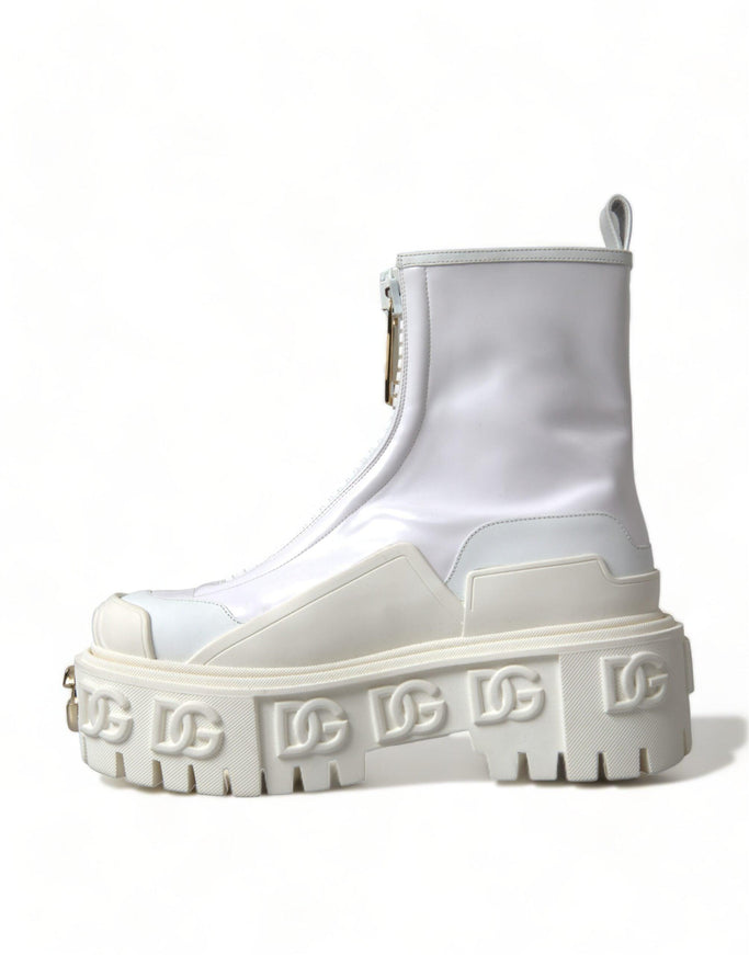 Dolce & Gabbana White Leather Logo Plaque Zip Ankle Boots Shoes - Ellie Belle