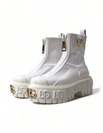 Dolce & Gabbana White Leather Logo Plaque Zip Ankle Boots Shoes - Ellie Belle
