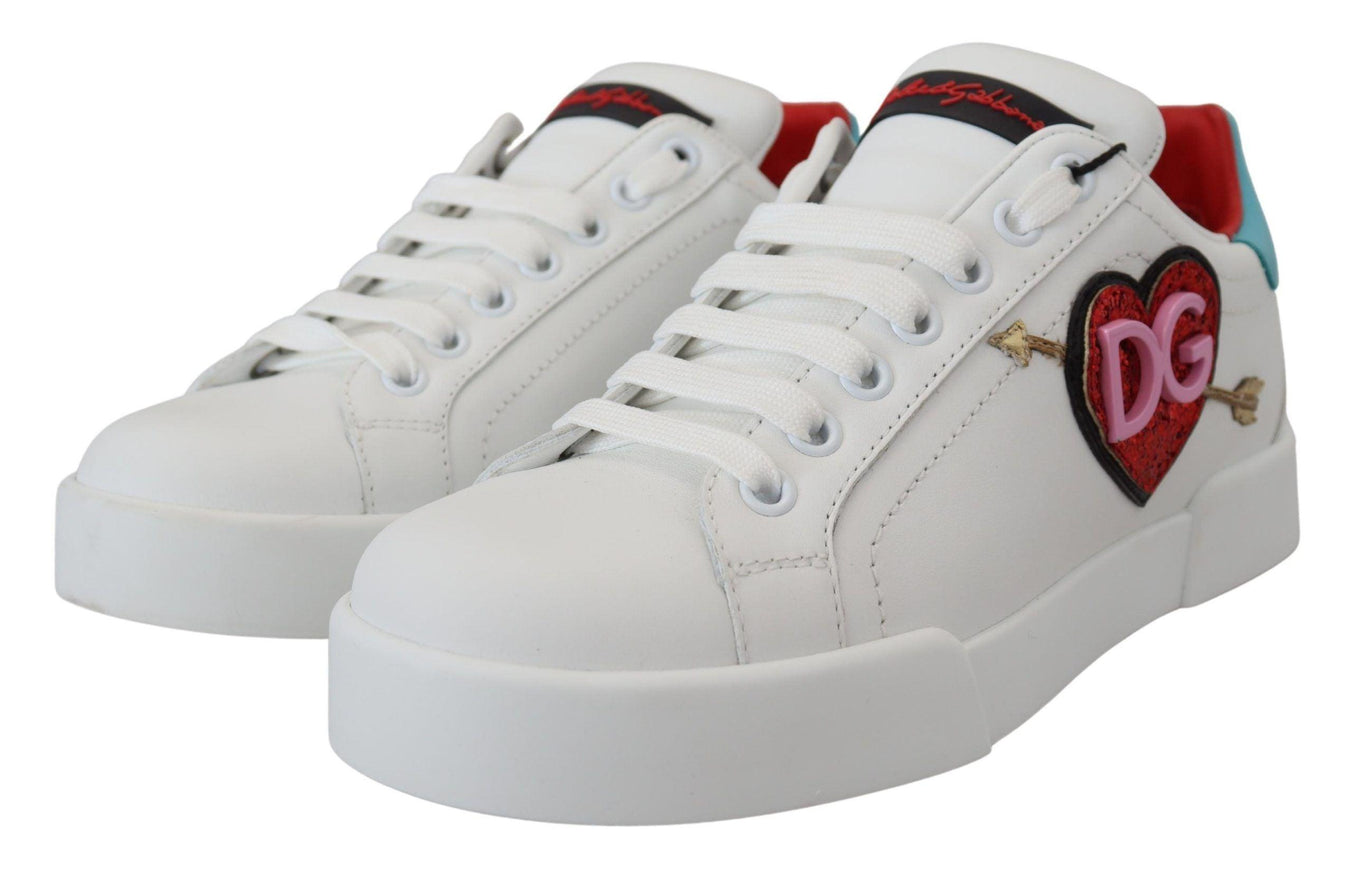 Dolce & Gabbana White Leather Sneaker Portofino Logo Heart Shoes - Ellie Belle