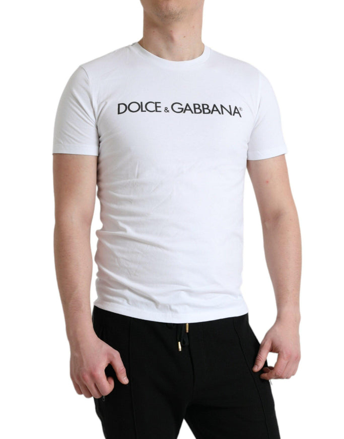 Dolce & Gabbana White Logo Print Cotton Round Neck T-shirt - Ellie Belle