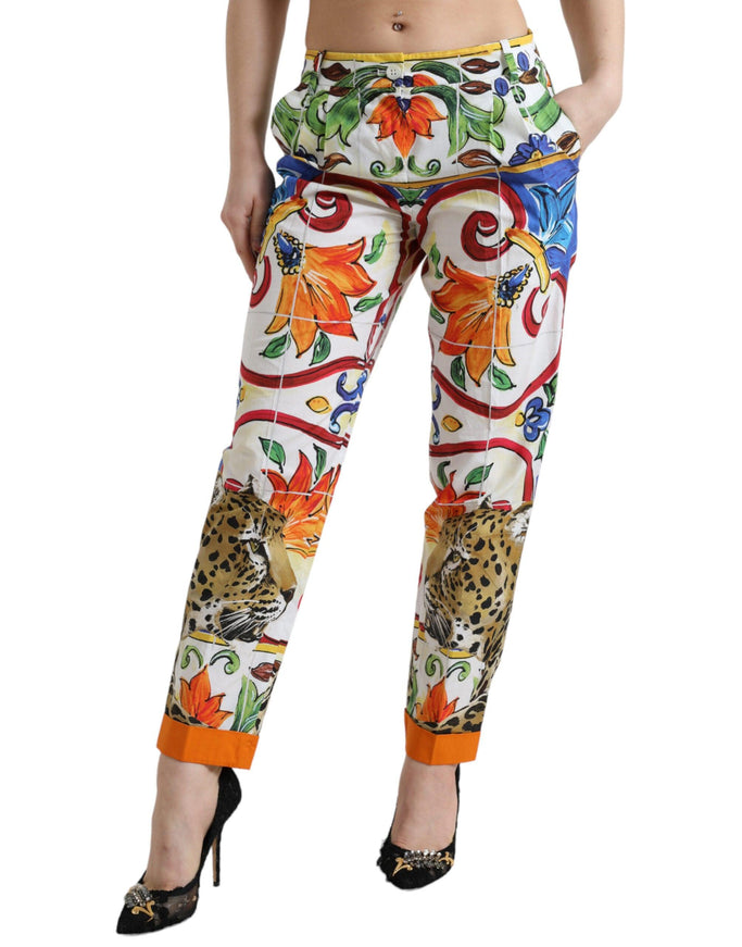 Dolce & Gabbana White Majolica Print Tapered Mid Waist Pants - Ellie Belle