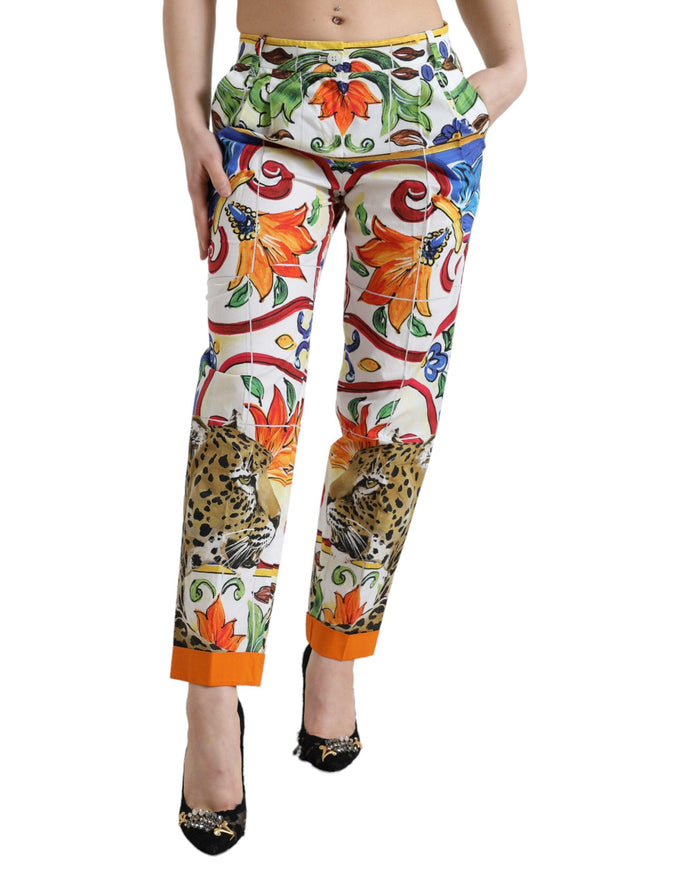 Dolce & Gabbana White Majolica Print Tapered Mid Waist Pants - Ellie Belle