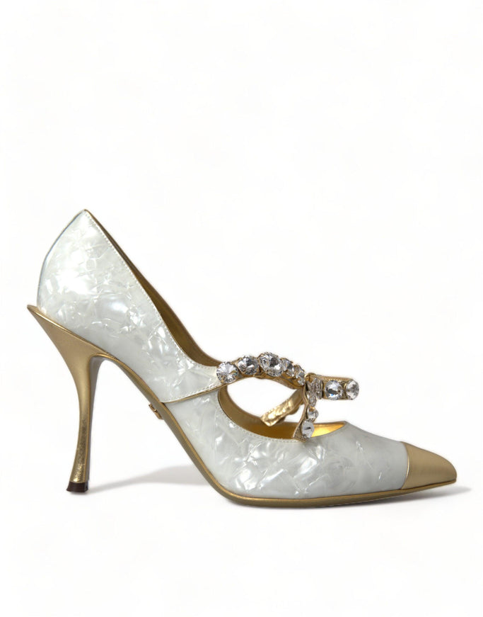 Dolce & Gabbana White Mary Jane Crystal Pearl Pumps Shoes - Ellie Belle