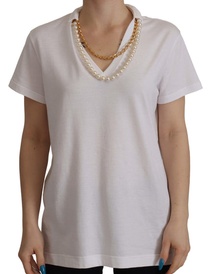 Dolce & Gabbana White Necklace Embellished Neckline T-shirt Top - Ellie Belle
