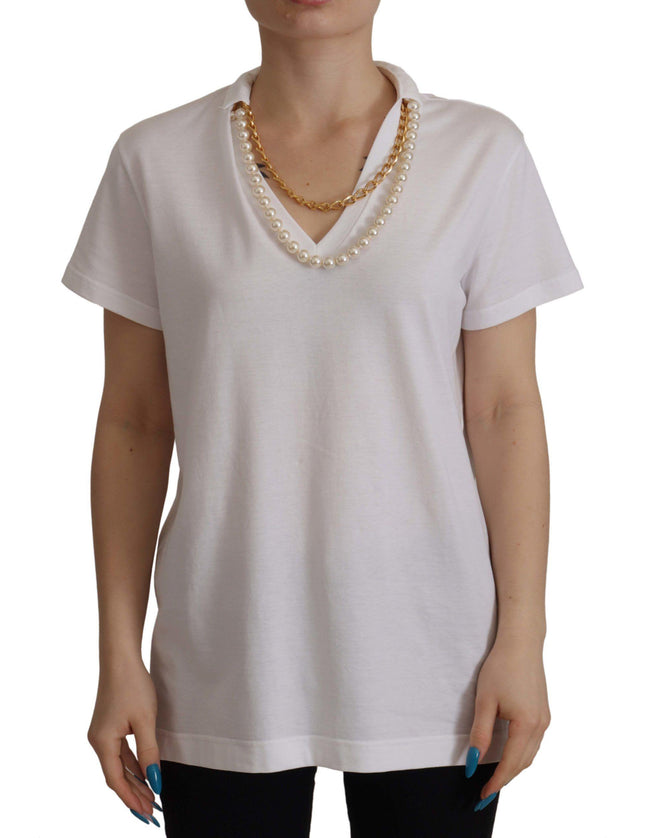Dolce & Gabbana White Necklace Embellished Neckline T-shirt Top - Ellie Belle