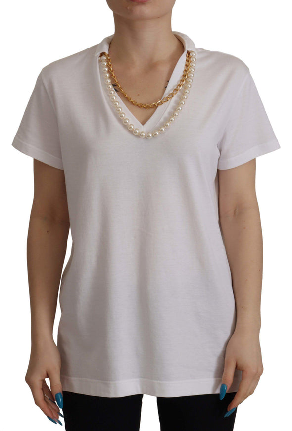 Dolce & Gabbana White Necklace Embellished Neckline T-shirt Top - Ellie Belle