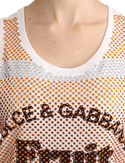 Dolce & Gabbana White Orange Crystal Sleeveless Tank Cotton Top - Ellie Belle