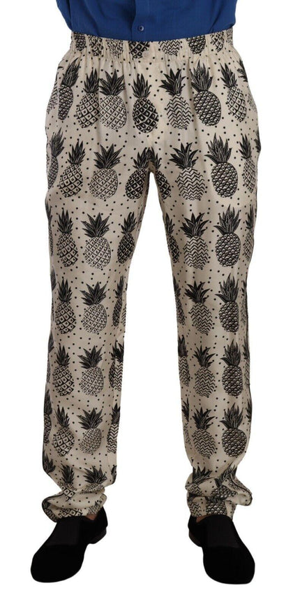 Dolce & Gabbana White Pineapple Silk Men Lounge Trouser Pants - Ellie Belle