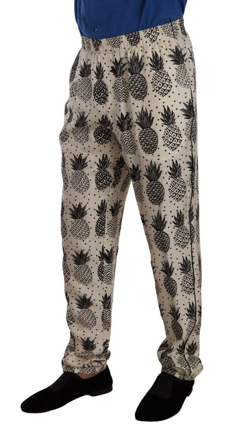 Dolce & Gabbana White Pineapple Silk Men Lounge Trouser Pants - Ellie Belle